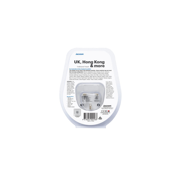 Jackson Outbound Slim USB-A & C Travel Adaptor - Hong Kong | Image Showing Back View Of Product In Packaging.