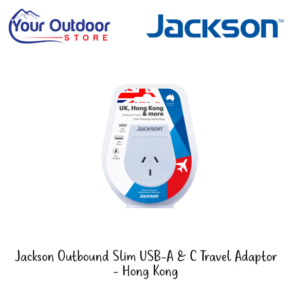 Jackson Outbound Slim USB-A & C Travel Adaptor - Hong Kong | Hero Image Showing All Logos And Titles.