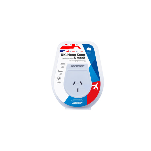 Jackson Outbound Slim USB-A & C Travel Adaptor - Hong Kong | Image Showing No Logos Or Titles, Front View.
