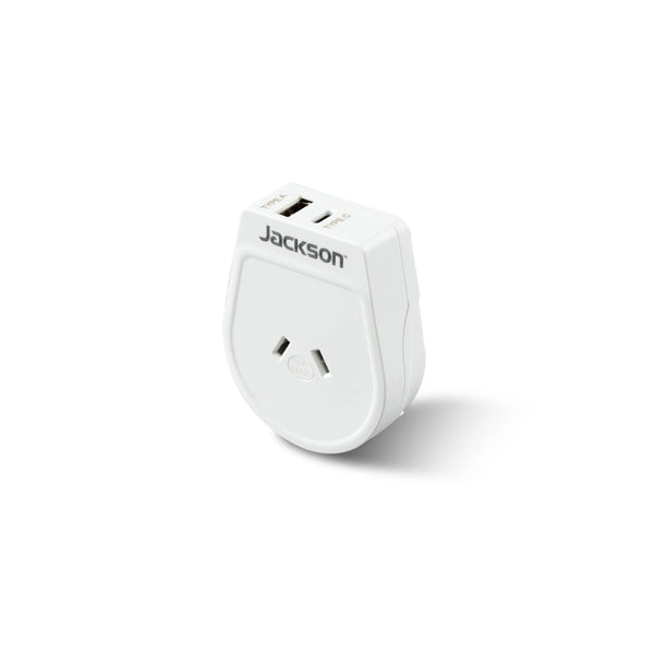 Jackson Outbound Slim USB-A & C Travel Adaptor - Japan, South America | Image Showing Angled Front View.