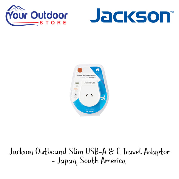 Jackson Outbound Slim USB-A & C Travel Adaptor - Japan, South America | Hero Image Showing All Logos And Titles.