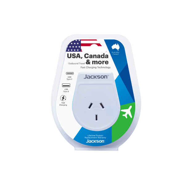 Jackson Travel Adaptor USA, Canada & More | Image Showing No Logos Or Titles , In Packaging.