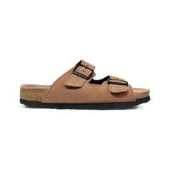 Chestnut | Jumbo Ugg Roman Suede Sandals. Side View Showing Buckle Closures and Cork Sole. 