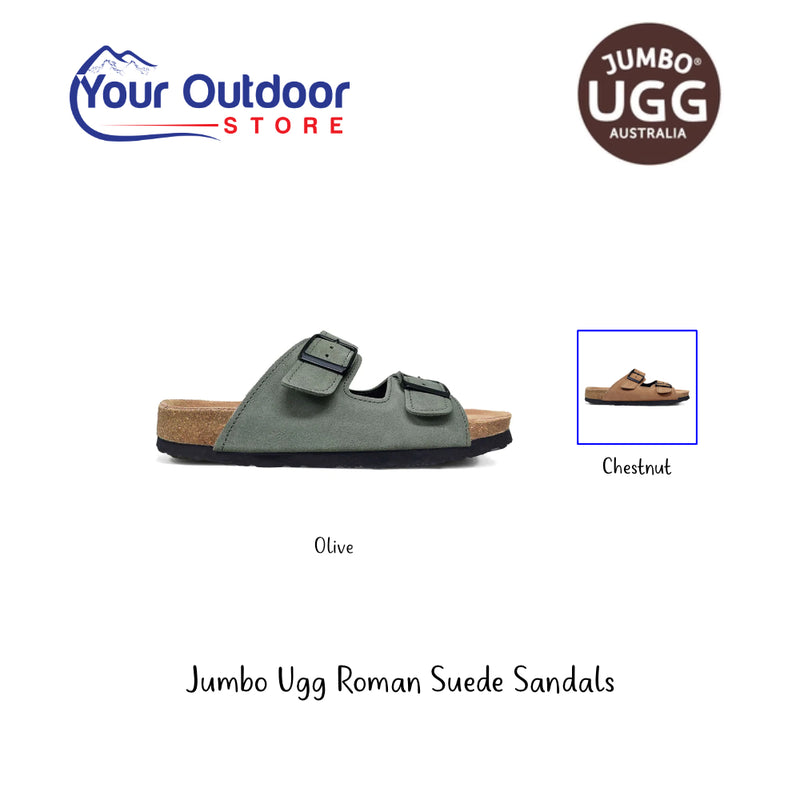 Jumbo Ugg Roman Suede Sandals. Hero Image Showing Logos and Title. 