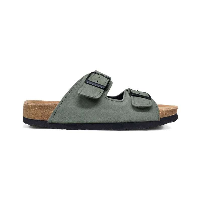 Olive | Jumbo Ugg Roman Suede Sandals. Side View Showing Buckle Closures and Cork Sole. 