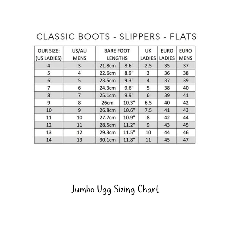 Chestnut/Olive | Jumbo Ugg Sizing Chart. 