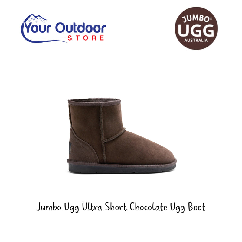 Jumbo Ugg Ultra Short Chocolate Ugg Boot. Hero Image Showing Logos and Title. 