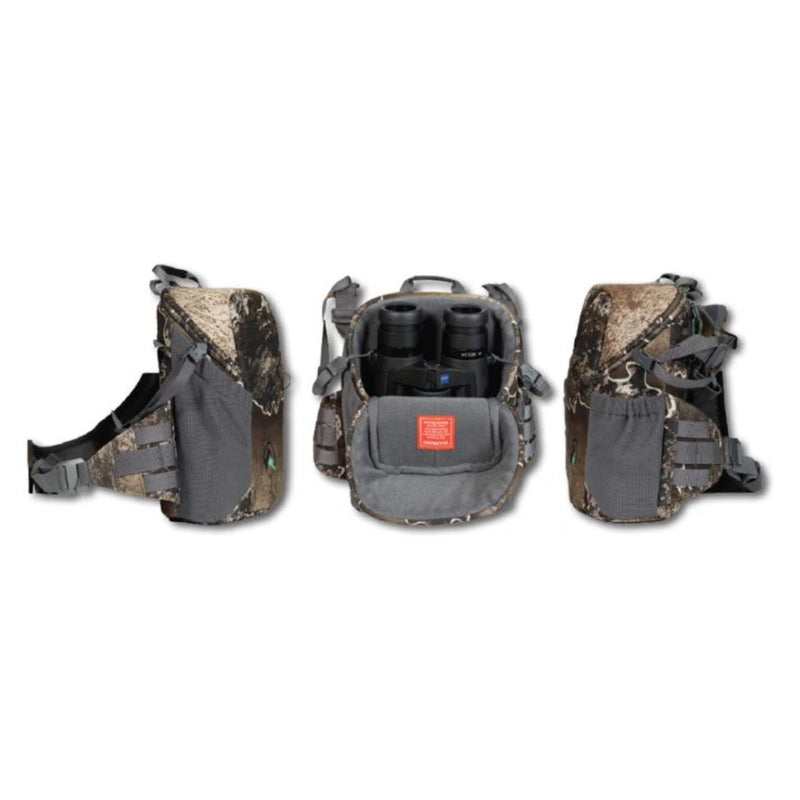 Excape Camo | Ridgeline Kahu Bino Harness - Showing Front Pocket Open, Pocket On The Left Side and The Pocket On The Right Side.
