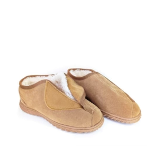 Chestnut | Koalabi Fred Velcro Sheepskin Slipper Image Showing Angled Side View, Velcro Open.