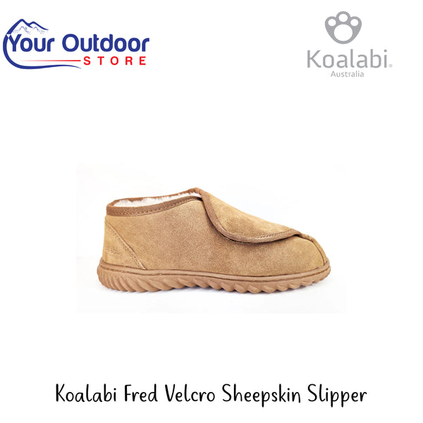 Koalabi Fred Velcro Sheepskin Slipper | Hero Image Showing All Logos And Titles.