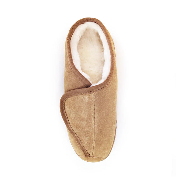 Chestnut | Koalabi Fred Velcro Sheepskin Slipper Image Showing Top View, Velcro Closed.
