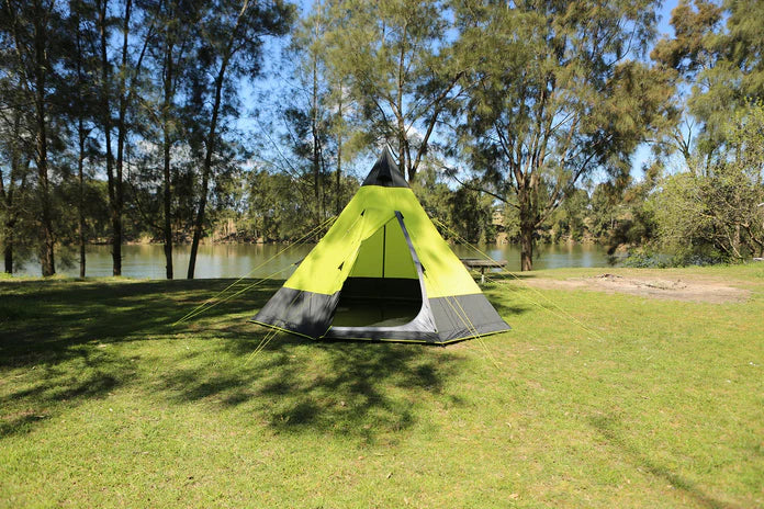 Black / Green | Oztent Malamoo Teepee set up next to river on grass campsite