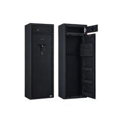 Black | Lokaway LHL20 Gun Safe. Side by Side Views , One Showing Both Doors Closed. One Showing Both Doors Open.