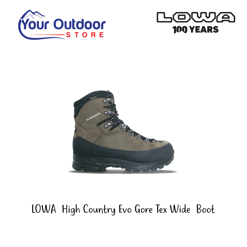 Lowa High Country Evo Gore Tex Wide Boot. Hero Image Showing Logos and Title. 