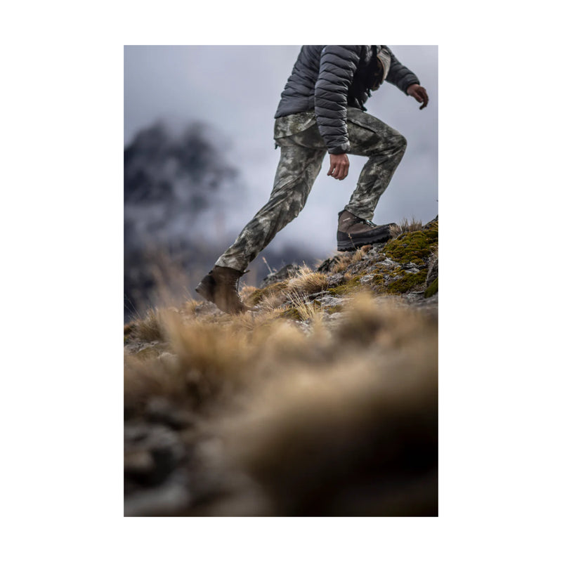 Sepia Black | Lowa High Country Evo Gore Tex Wide Boot. Shown on Model Hiking. 