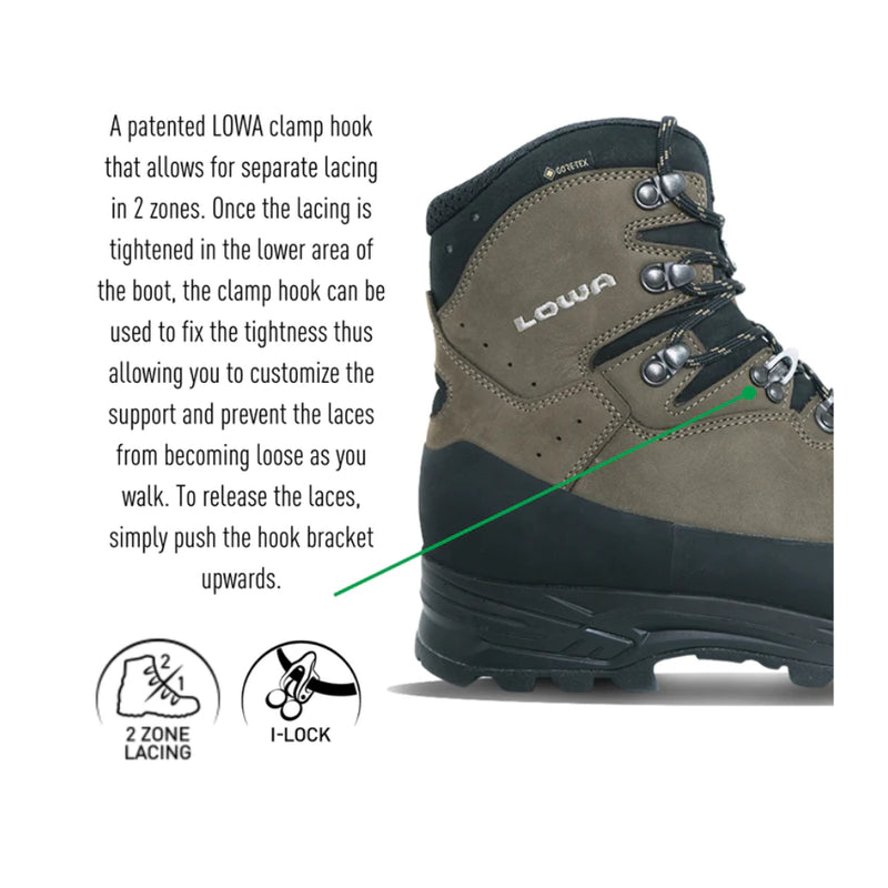 Sepia Black | Lowa High Country Evo Gore Tex Wide Boot. Showing 2 zone Lacing I Lock.