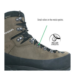 Sepia Black | Lowa High Country Evo Gore Tex Wide Boot. Showing Roller Eyelets for Laces. 