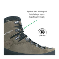 Sepia Black | Lowa High Country Evo Gore Tex Wide Boot. Showing Lowa technology that Holds Tongue in Place. 