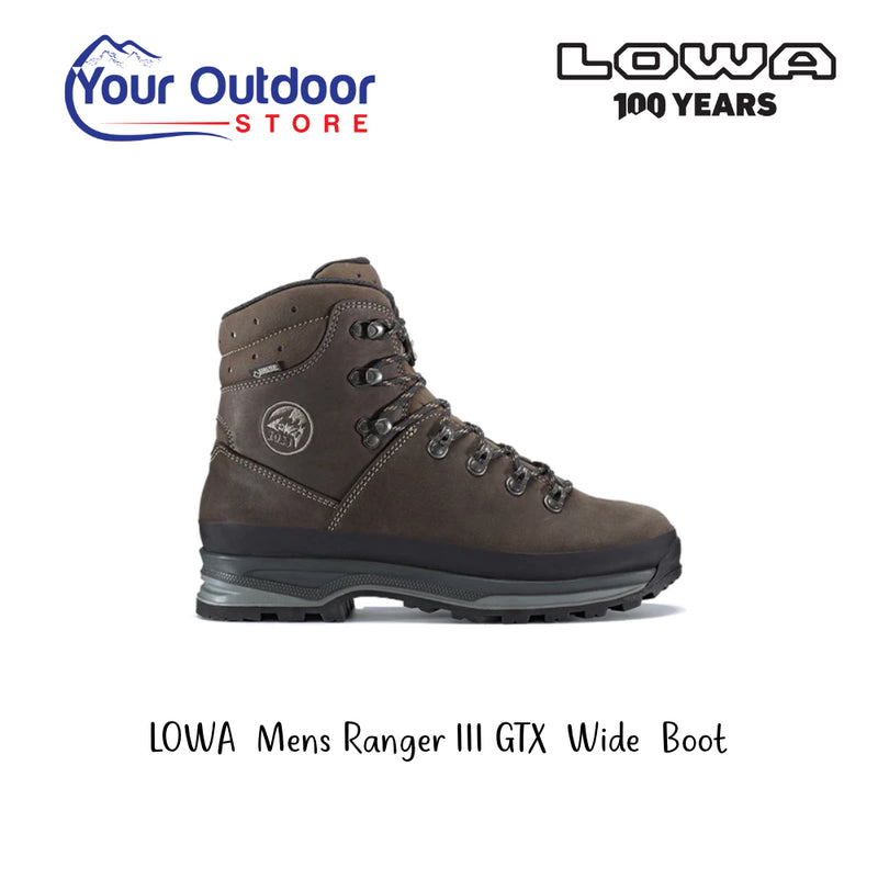 Lowa Mens Ranger III GTX Wide Boot. Hero Image Showing Logos and Title. 