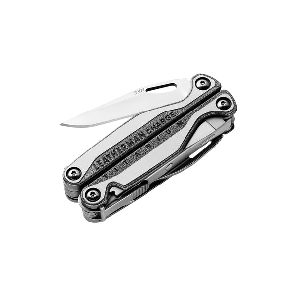 Leatherman Charge TTI Plus | Image Showing Flat Side View With Blade Half Out.