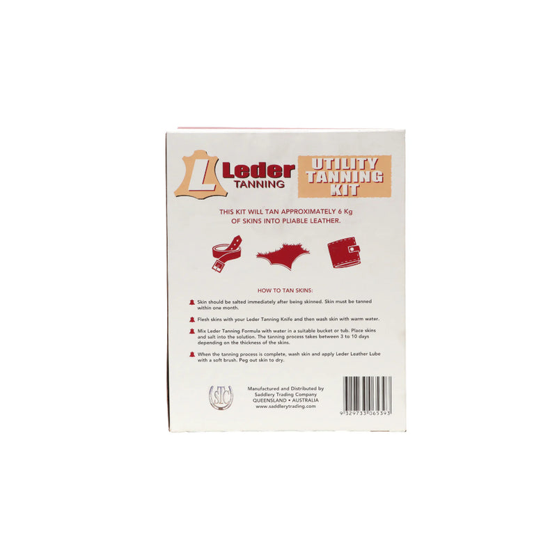 Leder Tanning Utility Kit | Image Showing The Back Of The Packaging, And Directions.