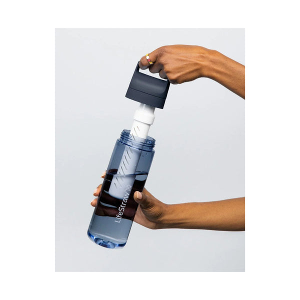 Icelandic Blue | LifeStraw Go 2.0 Filter Bottle Image Showing Filter Half Out, Half In Top Off.
