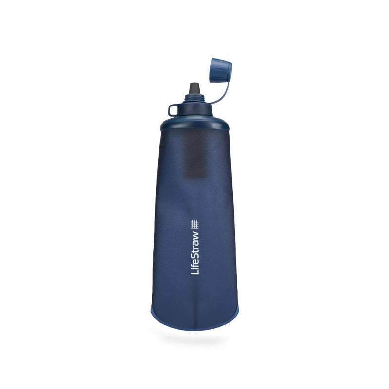 Mountain Blue | LifeStraw Peak Collapsible Squeeze Bottle 650ml Image Showing Cap Open.
