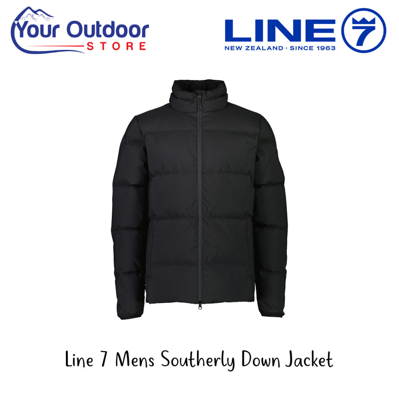 Line 7 Mens Southerly Down Jacket | Hero Image Showing All Logos And Titles.