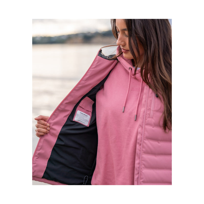 Dusty Pink | Line7 Storm Down Jacket Image Showing Jacket Open On A Model.