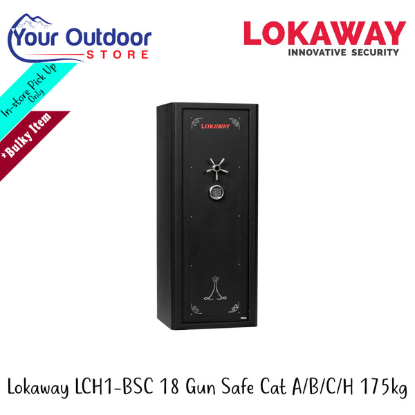 Lokaway LCH1-BSC 18 Gun Safe Cat ABCH 175kg | Hero Image Showing All Logos And Titles.