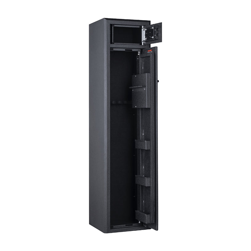 Black | Lokaway LHL 10 Gun Safe Cat A-B Image Showing Angled Front View, With Both The Anti-Pry Door And Ammo Compartment Door's Open Showing Internal View.