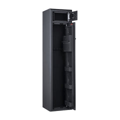 Black | Lokaway LHL 10 Gun Safe Cat A-B Image Showing Angled Front View, With Both The Anti-Pry Door And Ammo Compartment Door's Open Showing Internal View.