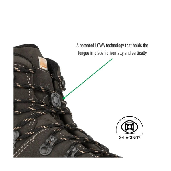 Brown | Lowa Mens Ranger EVO GTX WXL Image Showing Information On The X - Lacing Technology.
