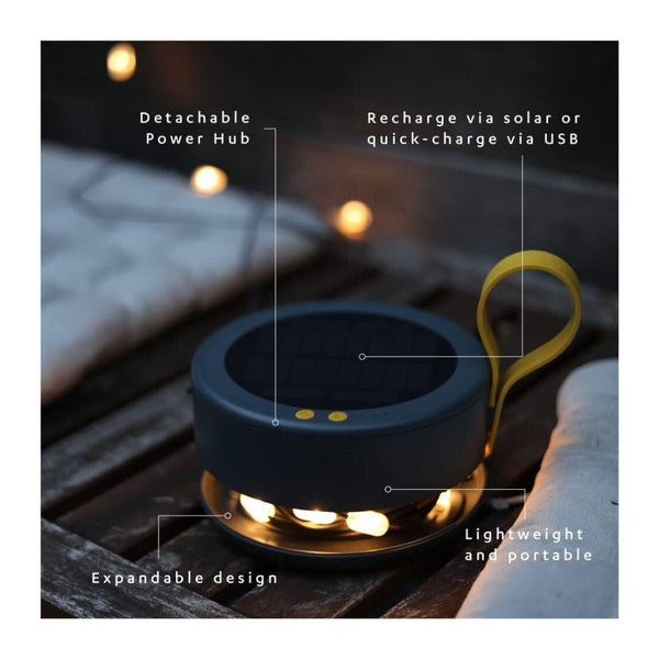 Luci Light String Light Plus | Image Displaying Features Of Power Hub And String Lights.