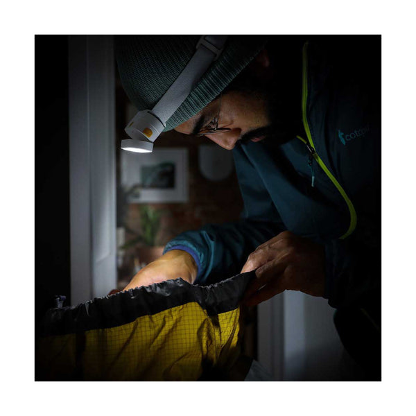 Luci-Solar HeadLamp And FlashLight | Image Showing HeadLamp Being Used To Look In A Bag, In A Dark Room.