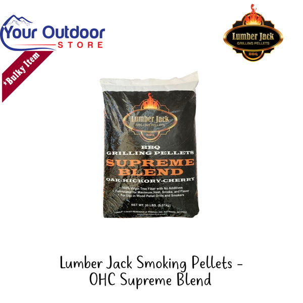 Lumber Jack Smoking Pellets - OHC Supreme Blend | Hero Image Showing All Logos And Titles.
