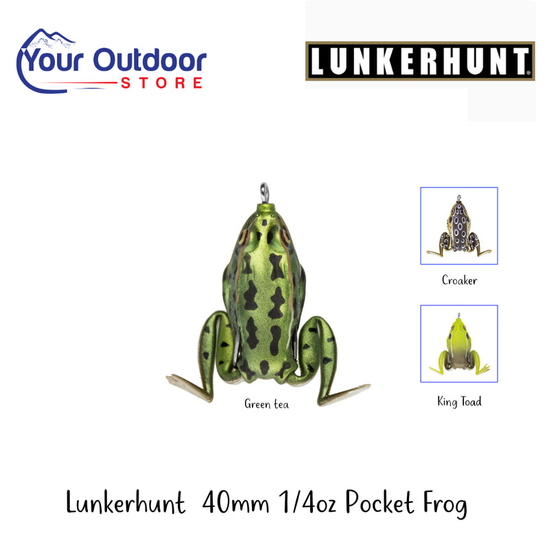 Lunkerhunt 40mm 1/4oz Pocket Frog | Hero Image Showing All Logos, Titles And Variants.