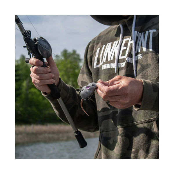 Grey | Lunkerhunt Furenzy Mouse FLM104 2in - 3/8oz Image Showing The Furenzy Mouse Being Used On A Fishing Rod.