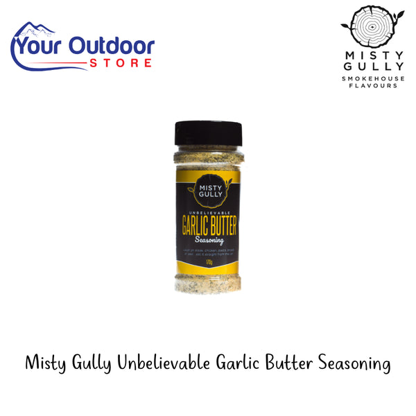 Misty Gully Unbelievable Garlic Butter Seasoning | Hero Image Showing All Logos And Titles.