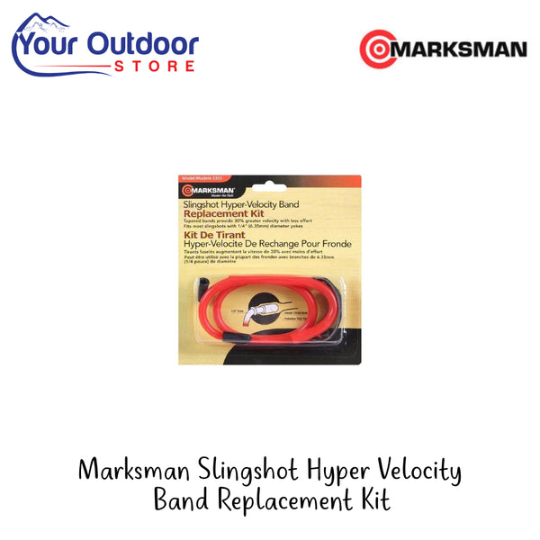 Marksman Slingshot Hyper Velocity Band Replacement Kit | Hero Image Showing All Logos And Titles.