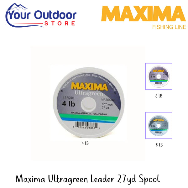 Maxima Ultragreen Leader 27yd Spool | Hero Image Showing All Logos And Titles.