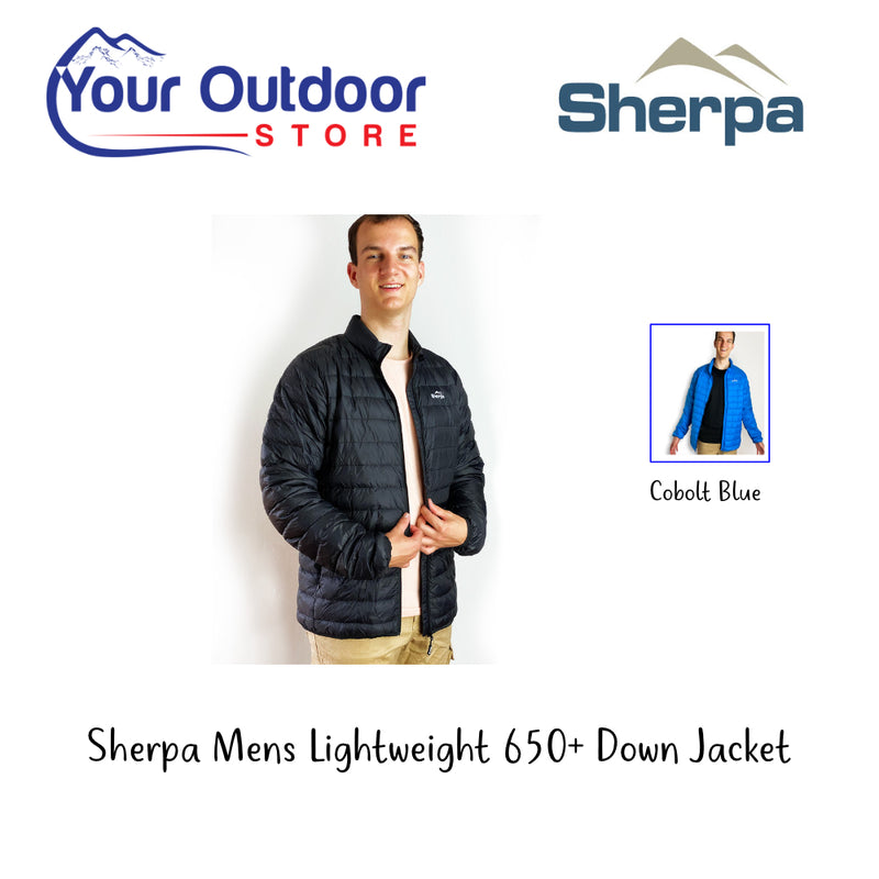 Sherpa Men's Lightweight 650+ Down Jacket. Hero Image Showing Variants, Logos and Title. 