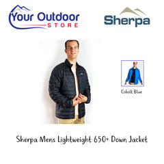 Sherpa Men's Lightweight 650+ Down Jacket. Hero Image Showing Variants, Logos and Title. 