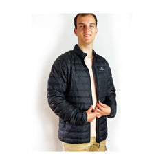 Black | Men's Lightweight Down Jacket. Angled Front View Open. 