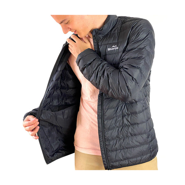 Black | Men's Lightweight Down Jacket. Front View Open. 