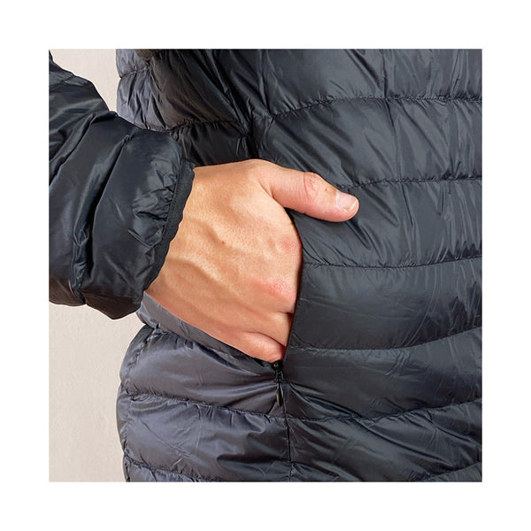 Black | Men's Lightweight Down Jacket. Showing Zipper Pocket.