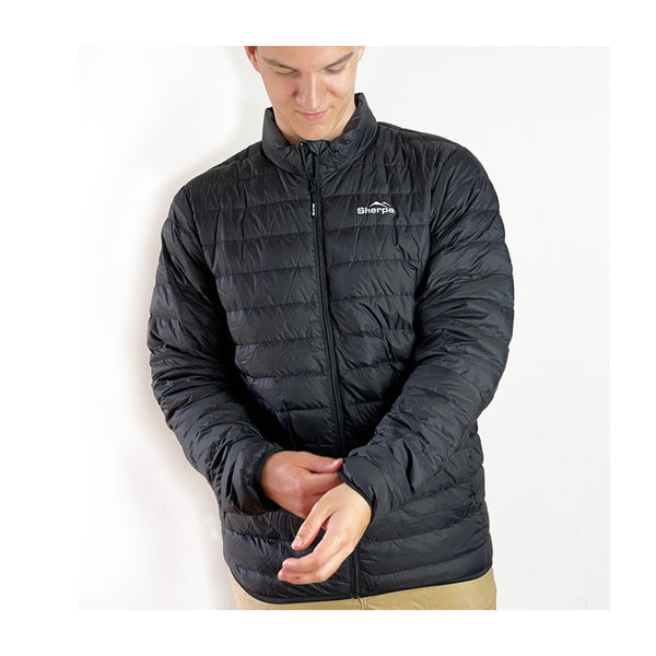 Black | Men's Lightweight Down Jacket. Front View Zipped Up. 