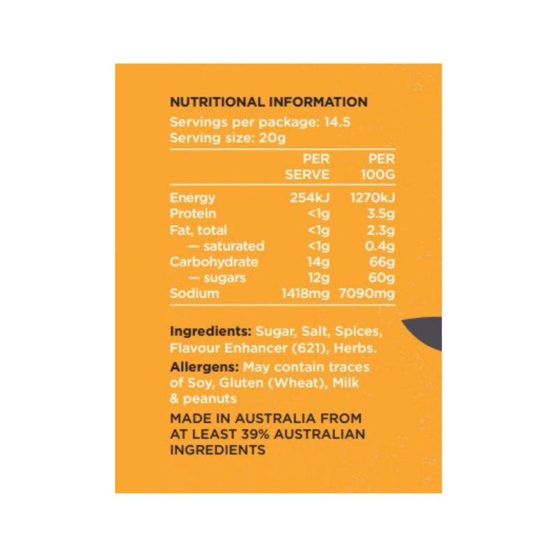 Misty Gully Competition BBQ Rub | Image Showing Nutritional Information.