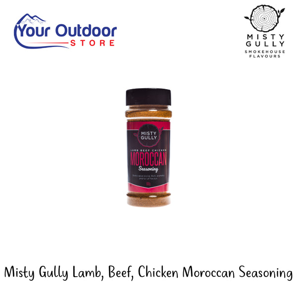 Misty Gully Lamb, Beef, Chicken Moroccan Seasoning | Hero Image Showing Al Logos And Titles.