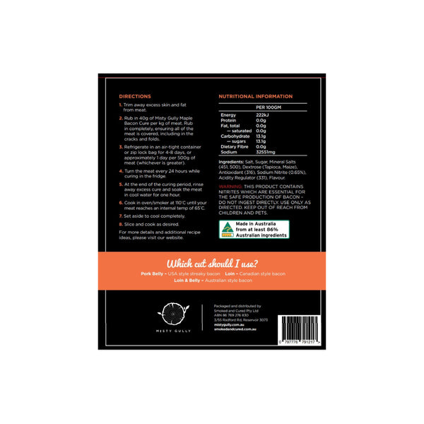 1KG | Misty Gully Maple Bacon Cure Image Showing Information On The Back Of The Packaging.